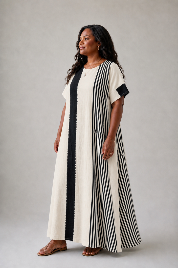 Elara | Robe maxi rayée à col rond et manches courtes