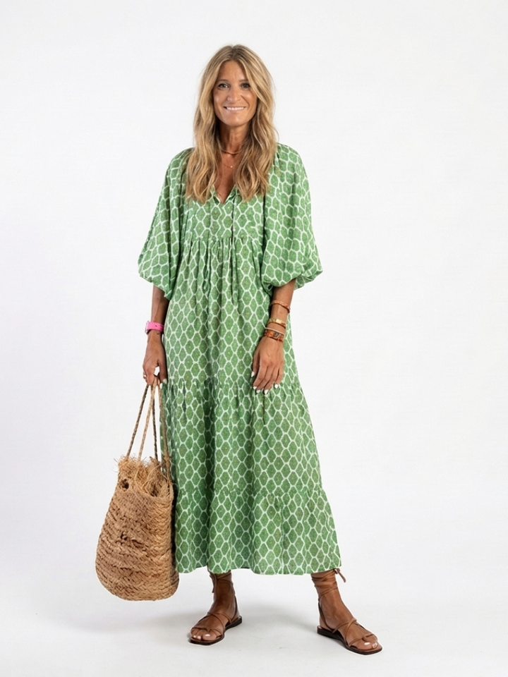 APOLLINE | ROBE MIDI À MANCHES TROIS QUARTS ET EN V À MOTIFS