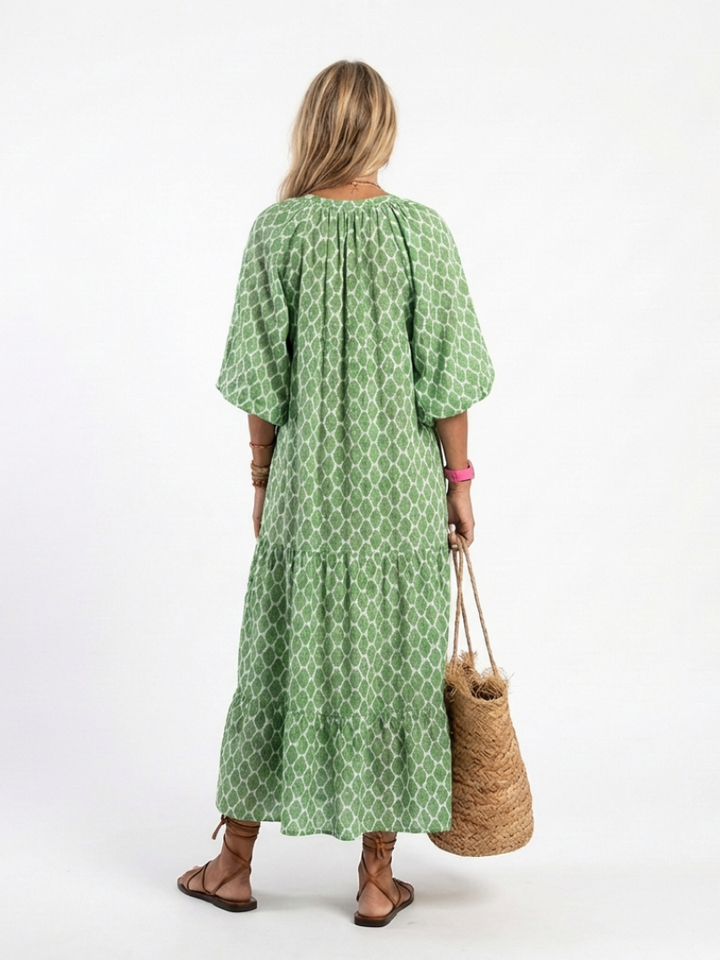 APOLLINE | ROBE MIDI À MANCHES TROIS QUARTS ET EN V À MOTIFS