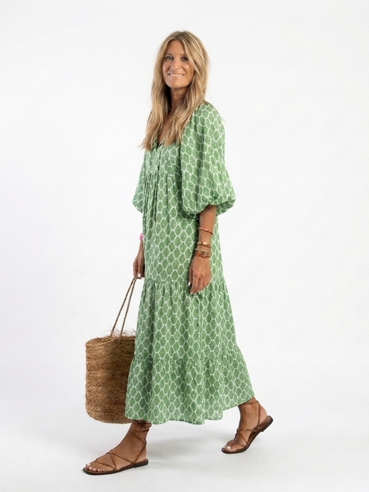 APOLLINE | ROBE MIDI À MANCHES TROIS QUARTS ET EN V À MOTIFS
