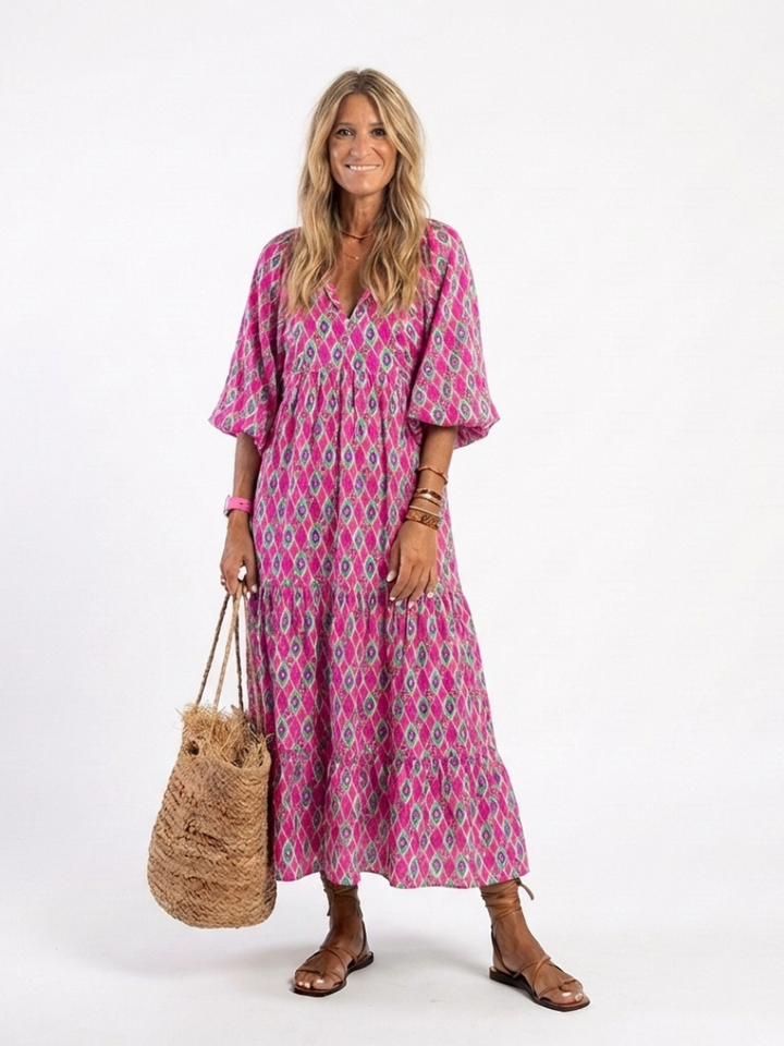 APOLLINE | ROBE MIDI À MANCHES TROIS QUARTS ET EN V À MOTIFS