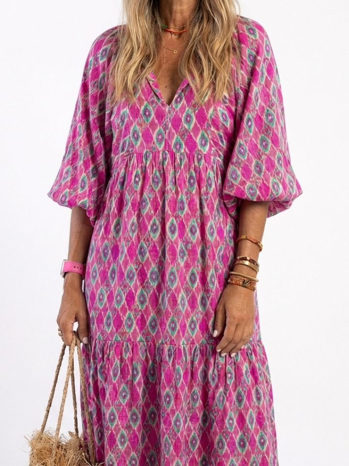 APOLLINE | ROBE MIDI À MANCHES TROIS QUARTS ET EN V À MOTIFS