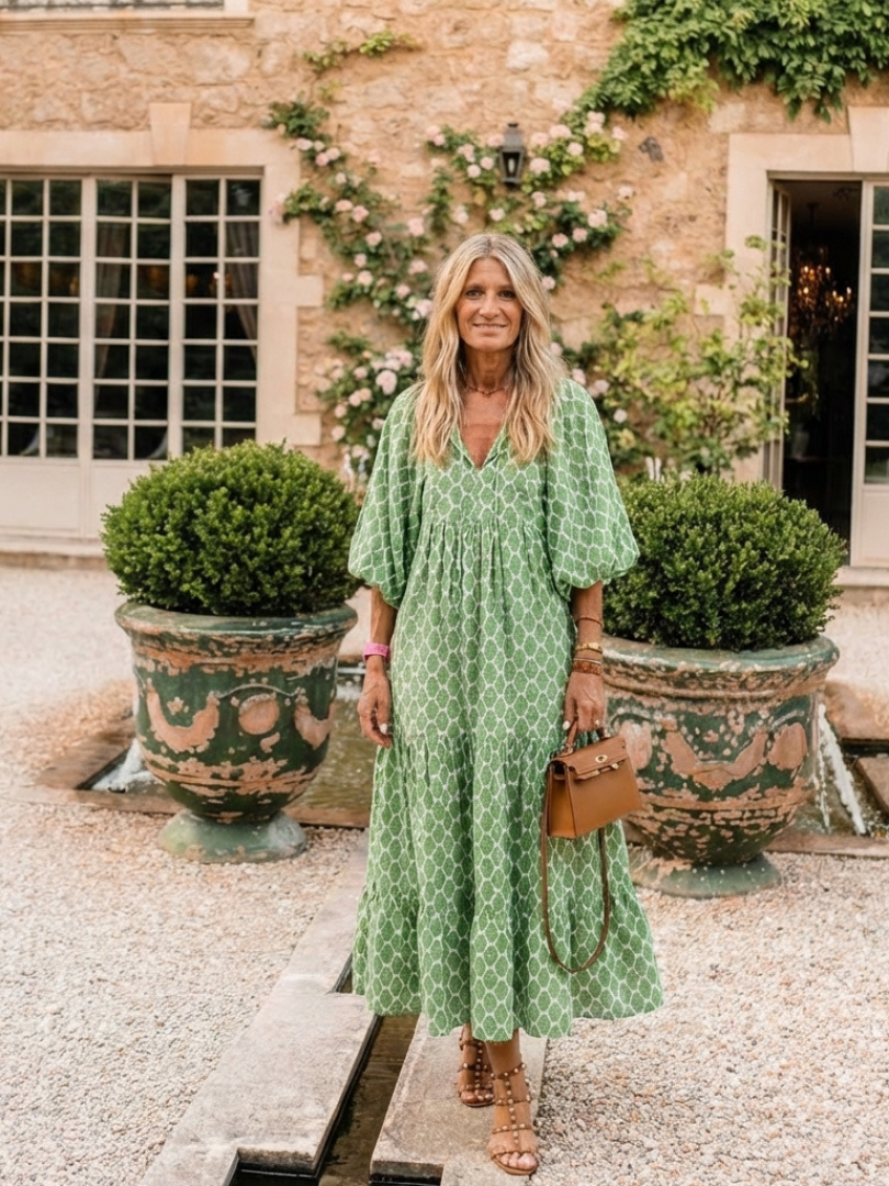 APOLLINE | ROBE MIDI À MANCHES TROIS QUARTS ET EN V À MOTIFS
