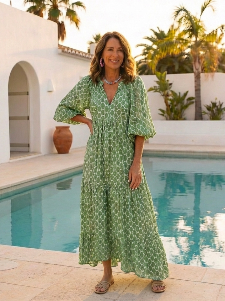 APOLLINE | ROBE MIDI À MANCHES TROIS QUARTS ET EN V À MOTIFS