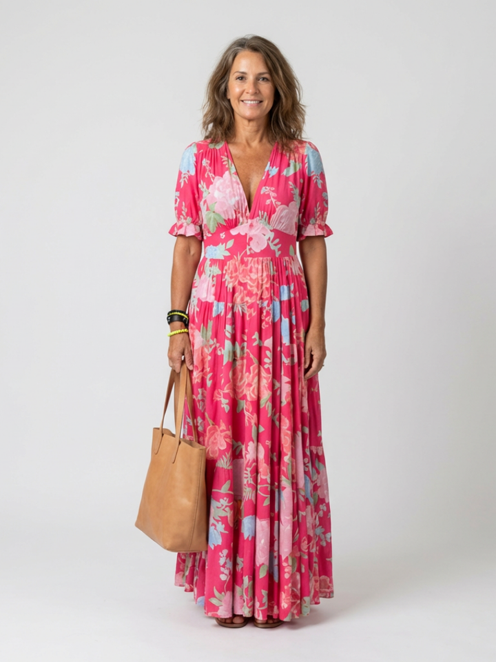 IONE | ROBE MIDI FLORALE À MANCHES COURTES ET COL EN V