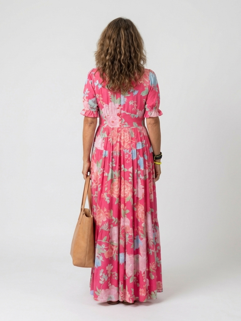 IONE | ROBE MIDI FLORALE À MANCHES COURTES ET COL EN V