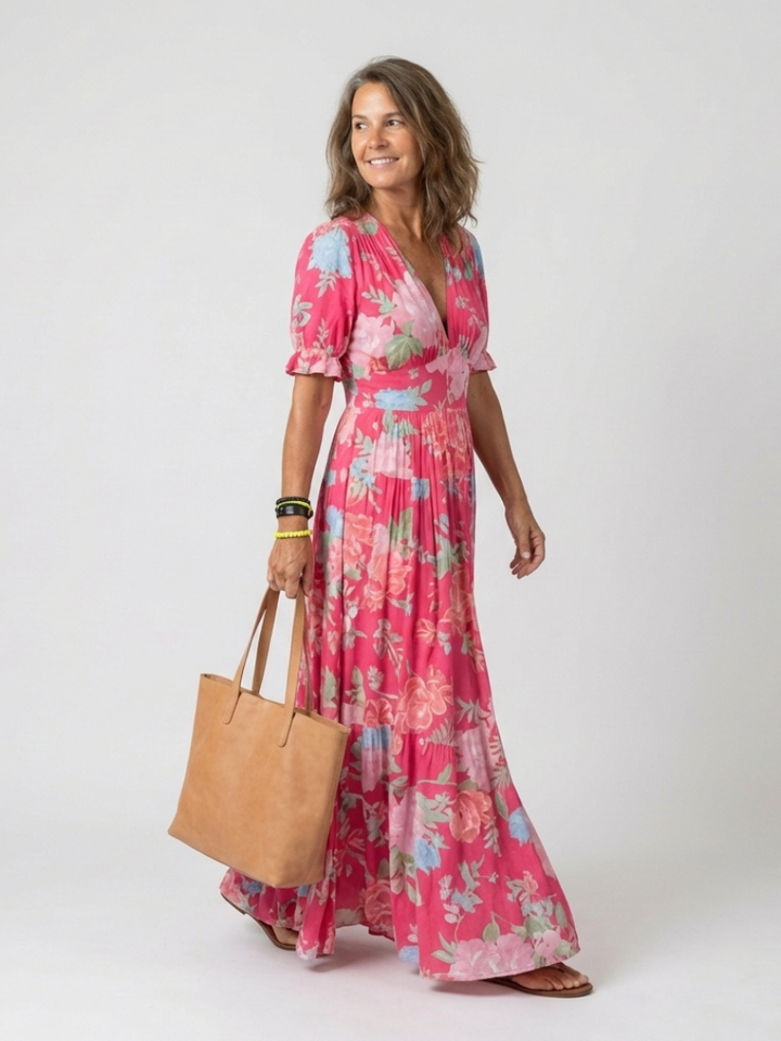 IONE | ROBE MIDI FLORALE À MANCHES COURTES ET COL EN V
