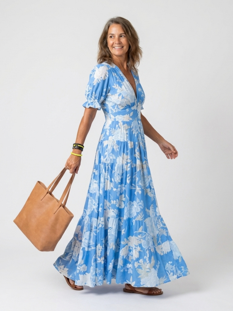 IONE | ROBE MIDI FLORALE À MANCHES COURTES ET COL EN V