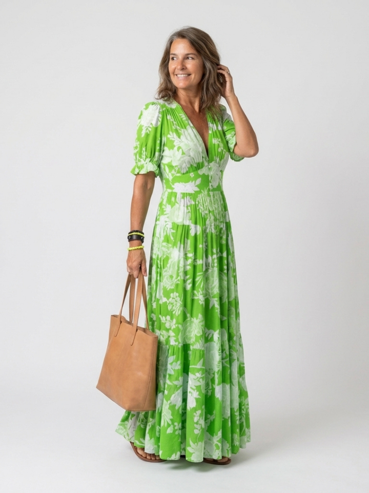 IONE | ROBE MIDI FLORALE À MANCHES COURTES ET COL EN V