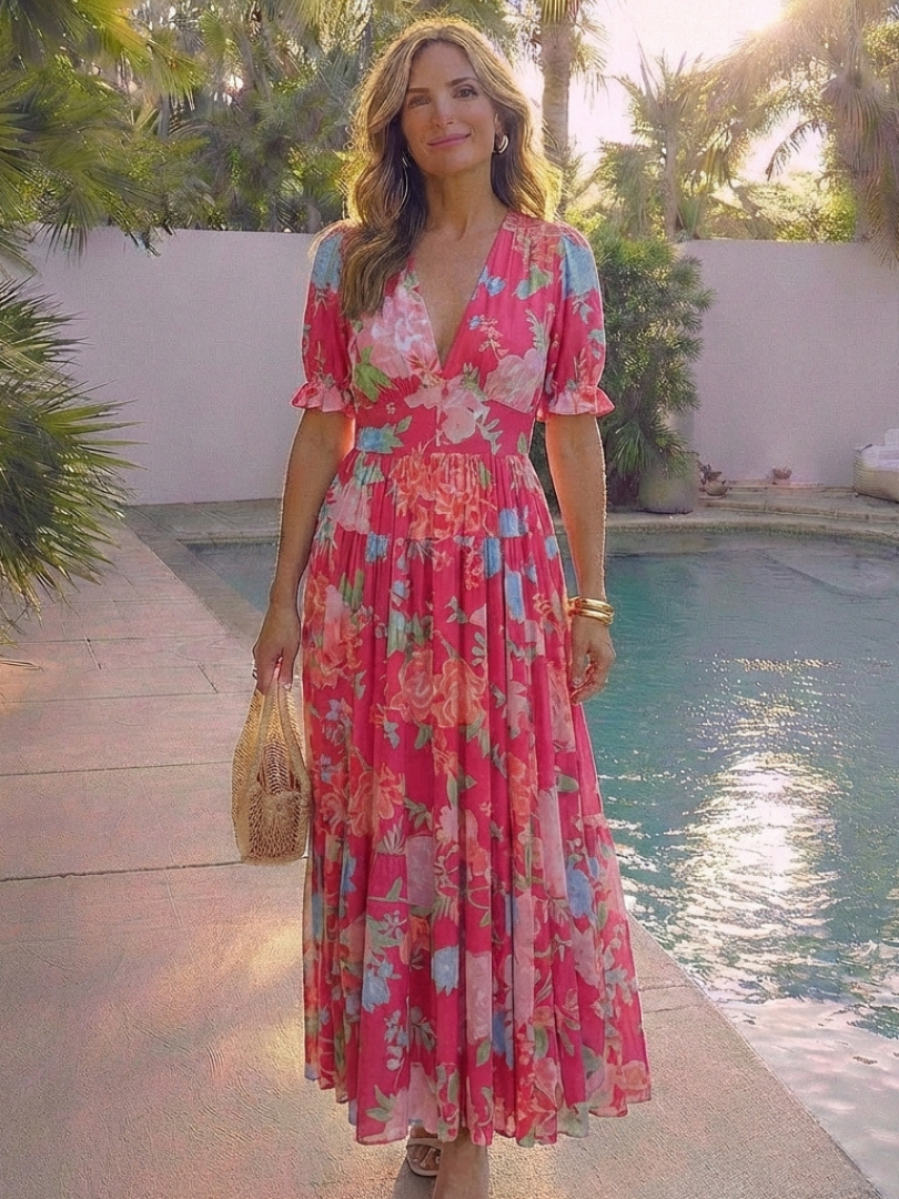 IONE | ROBE MIDI FLORALE À MANCHES COURTES ET COL EN V
