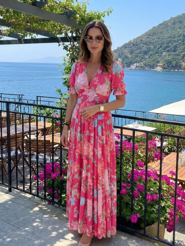 IONE | ROBE MIDI FLORALE À MANCHES COURTES ET COL EN V
