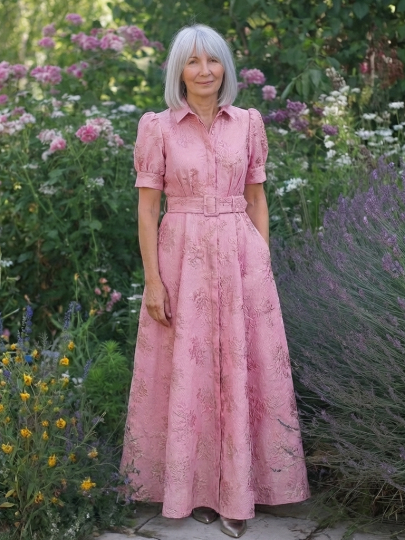 XANTHEA | ROBE MAXI À MANCHES COURTES AVEC CEINTURE EN TISSU FLORAL TEXTURÉ