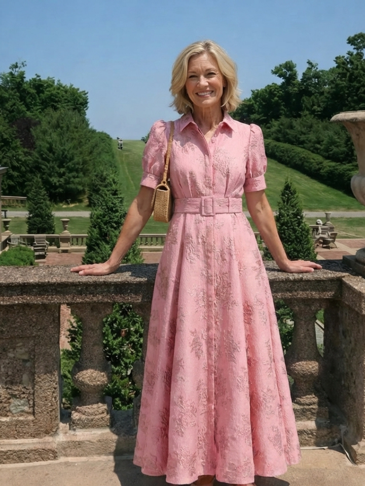 XANTHEA | ROBE MAXI À MANCHES COURTES AVEC CEINTURE EN TISSU FLORAL TEXTURÉ