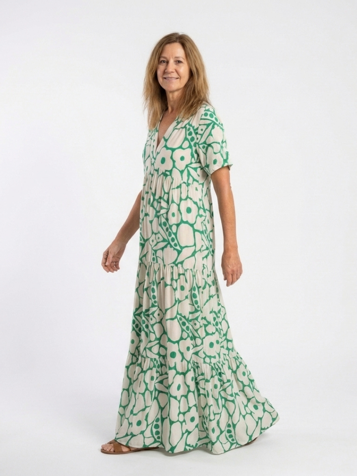 ZULEIKA | ROBE MIDI FLORALE À MANCHES COURTES ET COL EN V