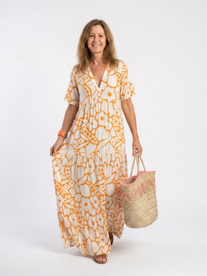 ZULEIKA | ROBE MIDI FLORALE À MANCHES COURTES ET COL EN V