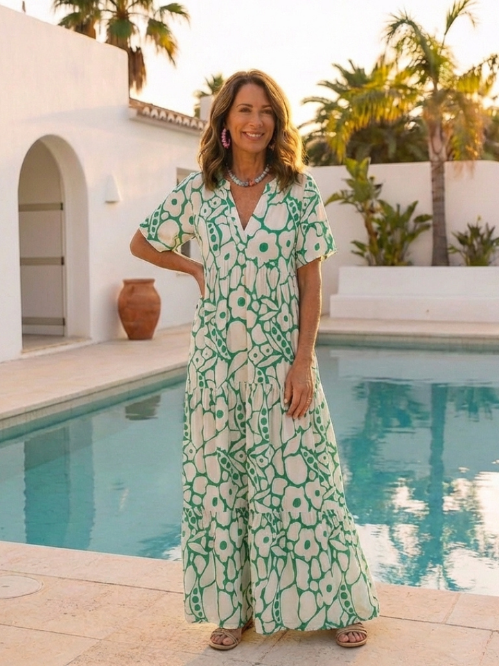 ZULEIKA | ROBE MIDI FLORALE À MANCHES COURTES ET COL EN V