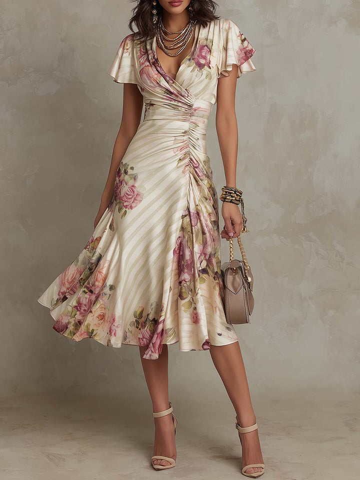 Margaret | Robe Midi Satin Floral Vintage