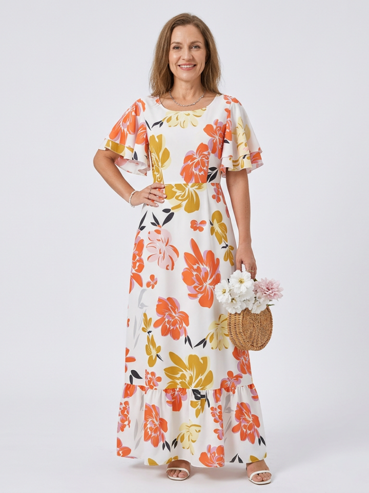 ELOWEN | ROBE MAXI À ENCOLURE RONDE ET MANCHES COURTES À VOLANTS