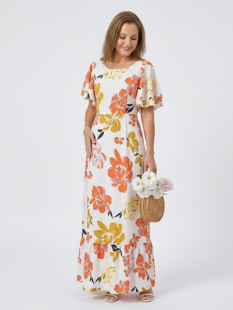 ELOWEN | ROBE MAXI À ENCOLURE RONDE ET MANCHES COURTES À VOLANTS