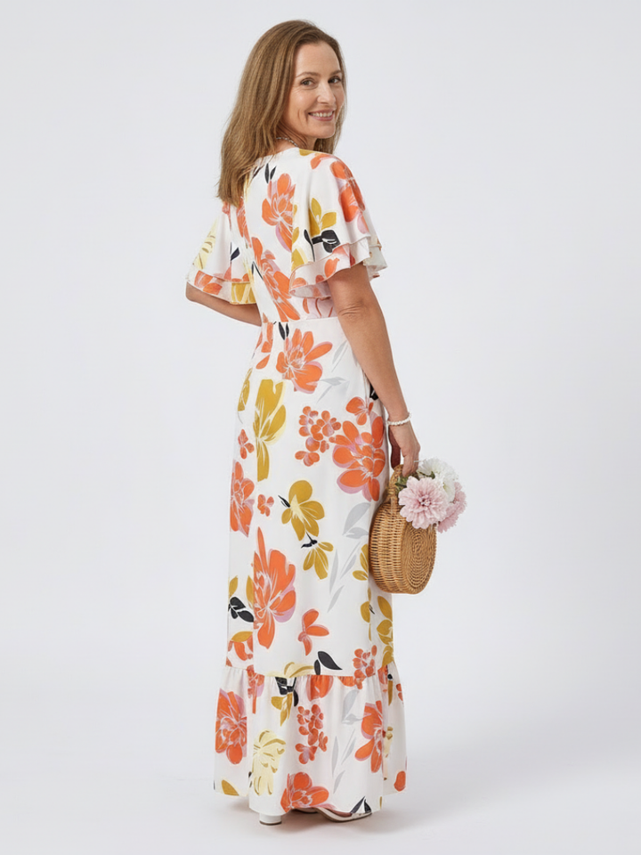 ELOWEN | ROBE MAXI À ENCOLURE RONDE ET MANCHES COURTES À VOLANTS
