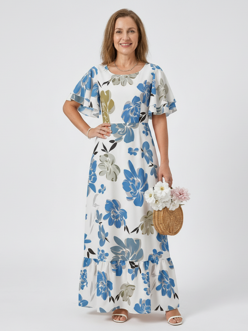 ELOWEN | ROBE MAXI À ENCOLURE RONDE ET MANCHES COURTES À VOLANTS