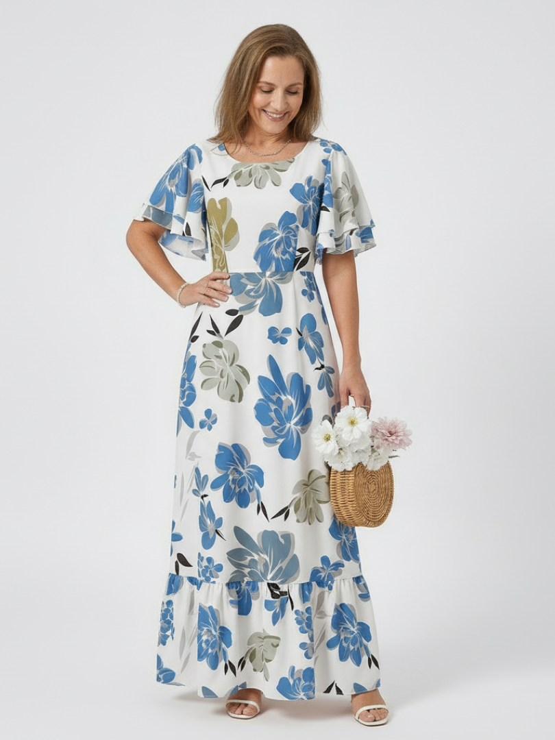 ELOWEN | ROBE MAXI À ENCOLURE RONDE ET MANCHES COURTES À VOLANTS