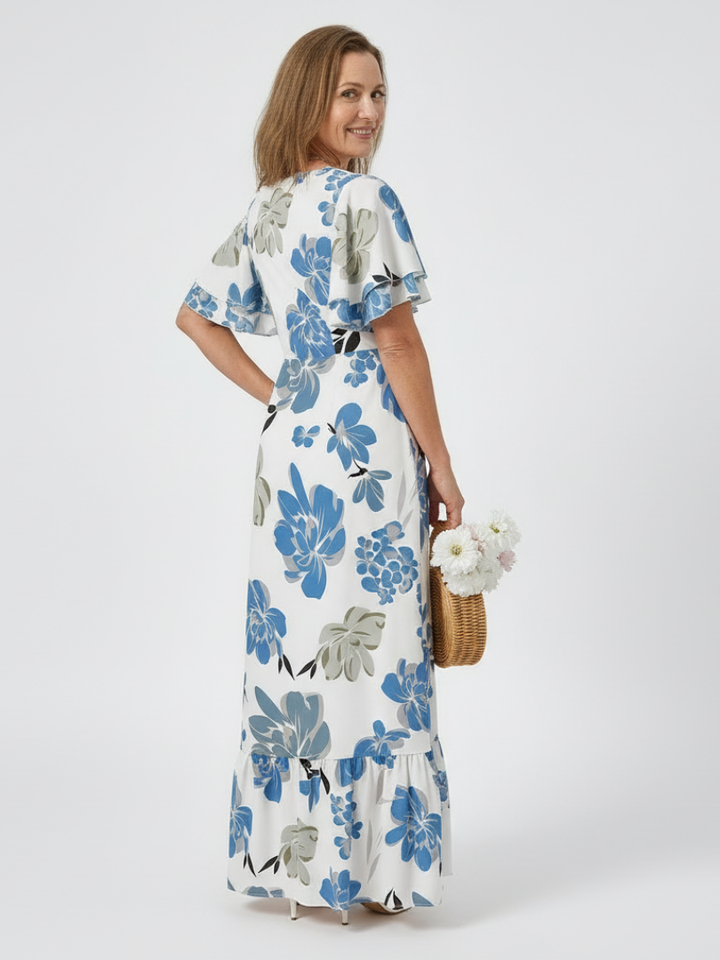 ELOWEN | ROBE MAXI À ENCOLURE RONDE ET MANCHES COURTES À VOLANTS