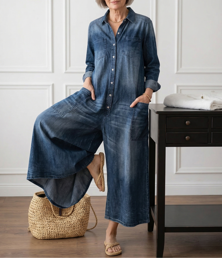 Mae | Salopette en denim en coton doux vintage lavé avec fermeture à boutons