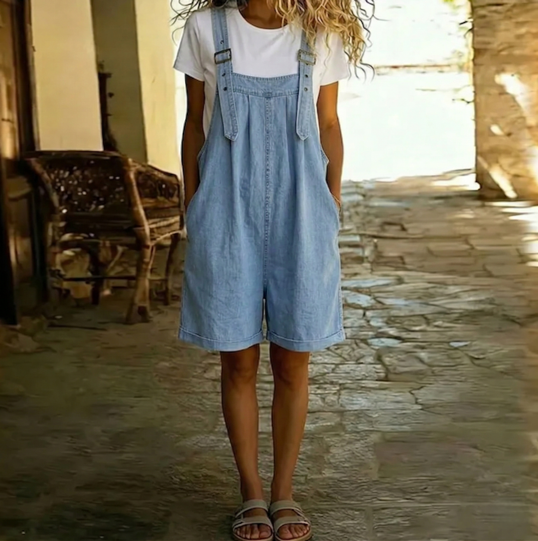 Saylor | Salopette Courte en Jean Lavé Vintage Bleu Clair