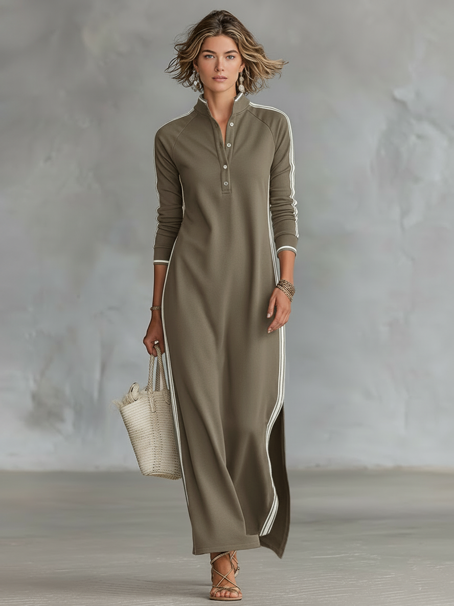 Robe Maxi Sweat à Col Boutonné et Détails Blancs pour Femmes
