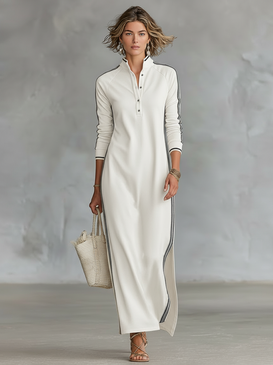 Robe Maxi Sweat à Col Boutonné et Détails Blancs pour Femmes