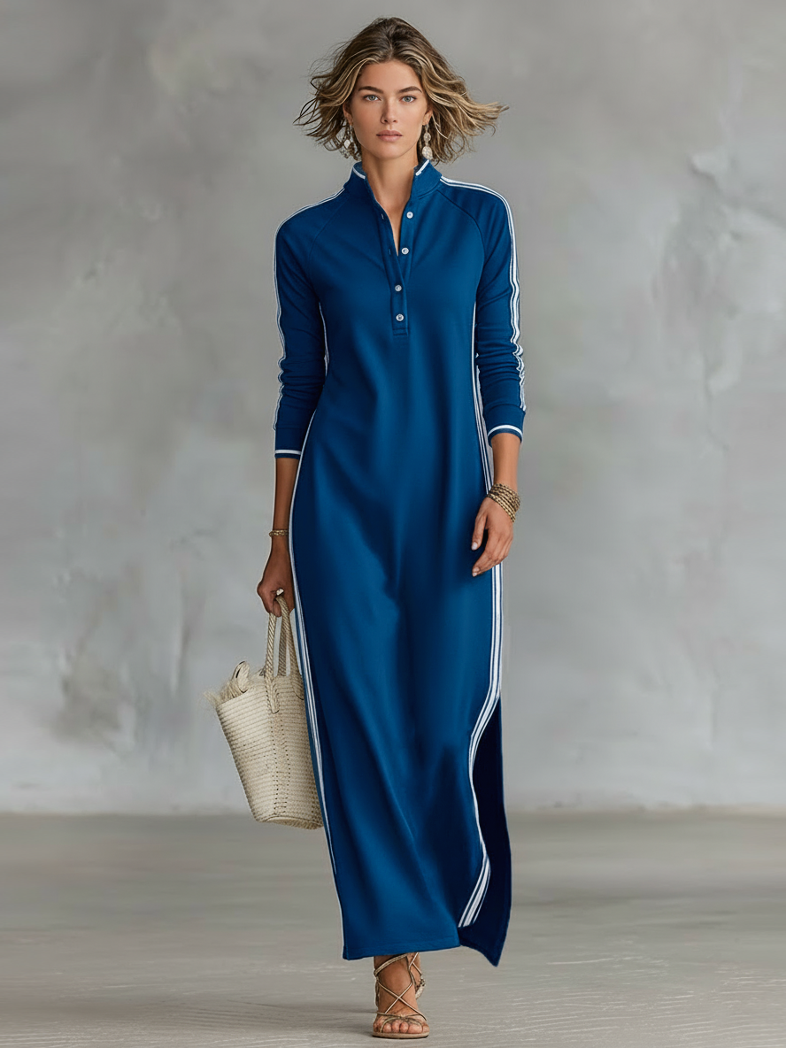 Robe Maxi Sweat à Col Boutonné et Détails Blancs pour Femmes