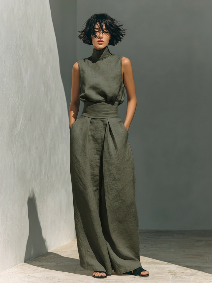 Maria - Ensemble débardeur et pantalons larges en coton et lin minimaliste pour femme
