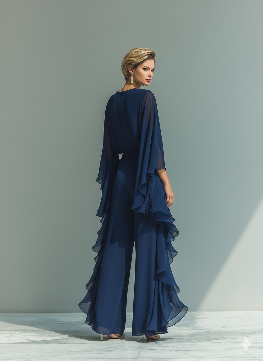 Ensemble Haut Bleu Marine avec Manches Évasées et Pantalon Droit avec Détails Ruchés