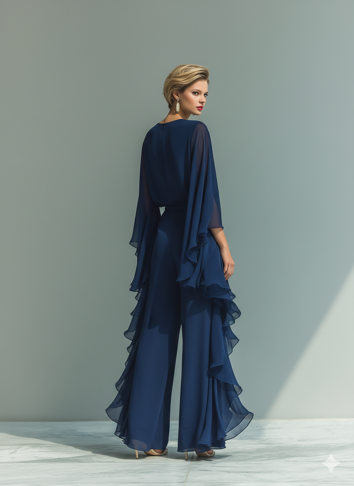 Ensemble Haut Bleu Marine avec Manches Évasées et Pantalon Droit avec Détails Ruchés