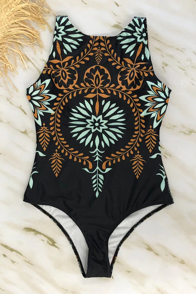 Maillot de Bain Entier avec Imprimé Boho et Col Haut