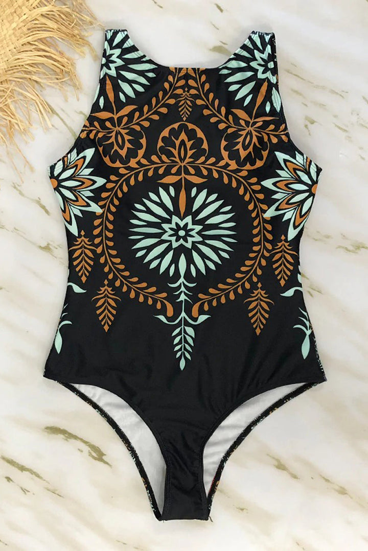 Maillot de Bain Entier avec Imprimé Boho et Col Haut