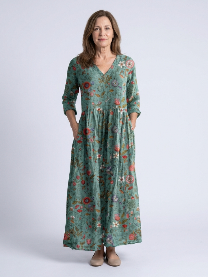 MARINA | ROBE MAXI À MANCHES TROIS QUARTS EN V FLEURIE