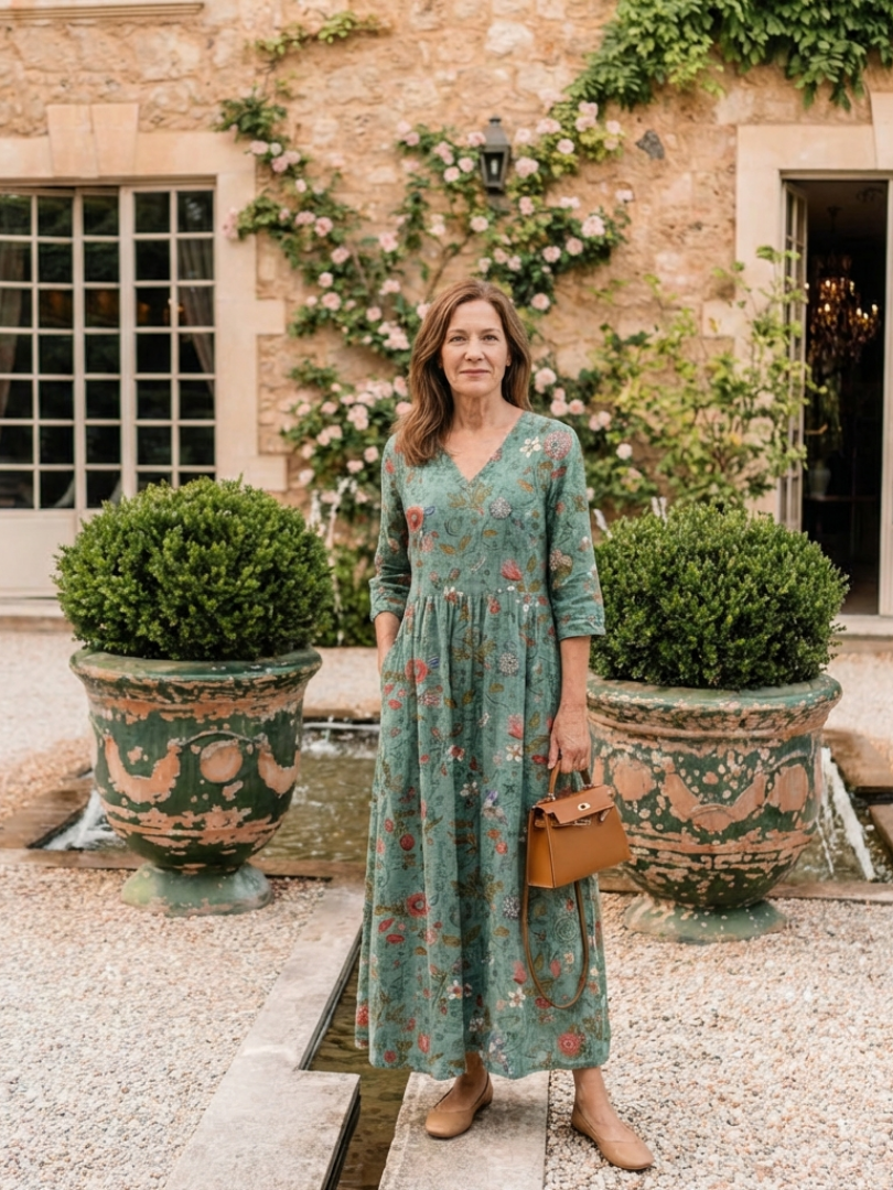 MARINA | ROBE MAXI À MANCHES TROIS QUARTS EN V FLEURIE