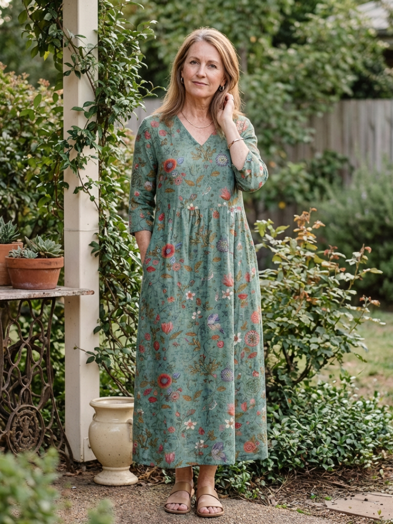 MARINA | ROBE MAXI À MANCHES TROIS QUARTS EN V FLEURIE
