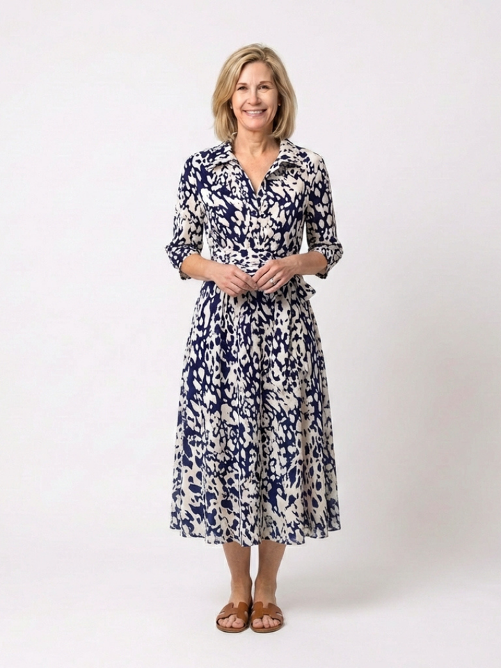 ORIANA | ROBE MIDI À MANCHES LONGUES AVEC COL ET CEINTURE