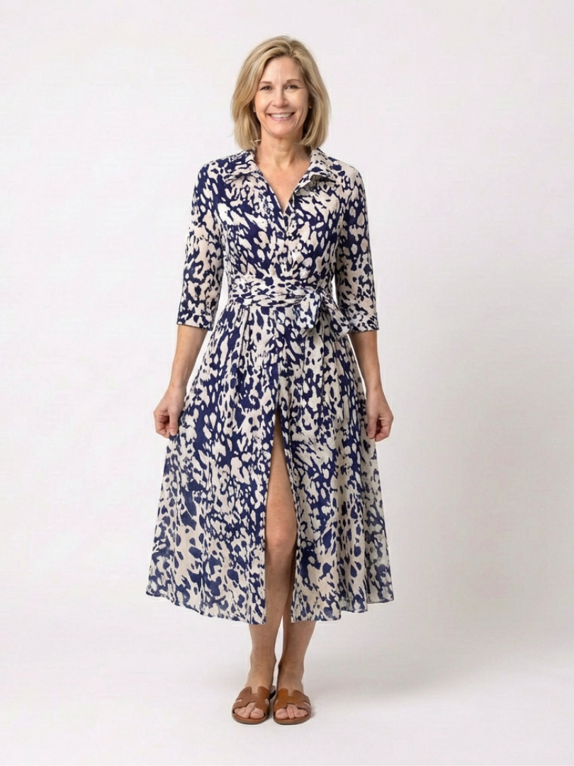 ORIANA | ROBE MIDI À MANCHES LONGUES AVEC COL ET CEINTURE