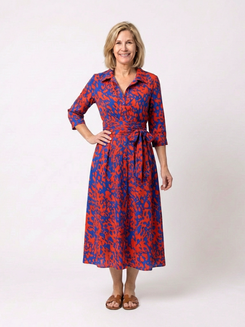 ORIANA | ROBE MIDI À MANCHES LONGUES AVEC COL ET CEINTURE