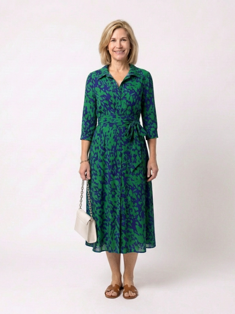 ORIANA | ROBE MIDI À MANCHES LONGUES AVEC COL ET CEINTURE