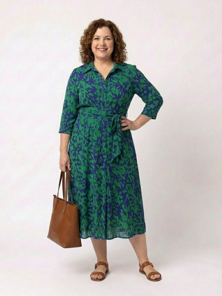 ORIANA | ROBE MIDI À MANCHES LONGUES AVEC COL ET CEINTURE