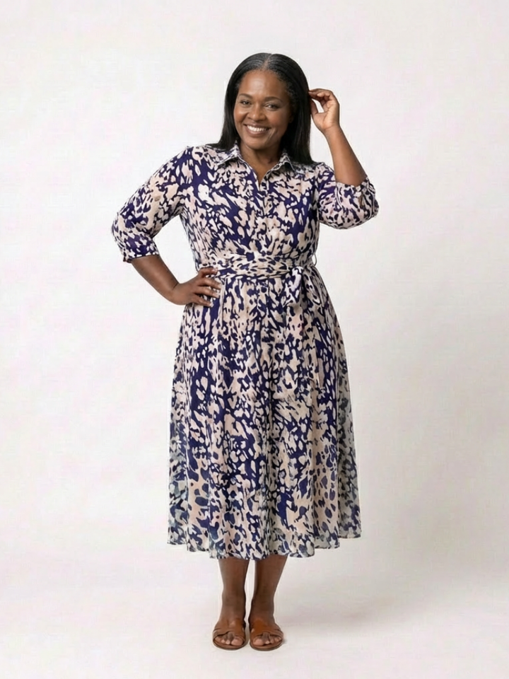 ORIANA | ROBE MIDI À MANCHES LONGUES AVEC COL ET CEINTURE