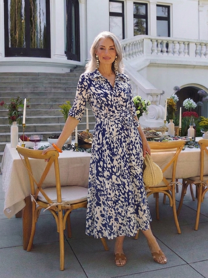 ORIANA | ROBE MIDI À MANCHES LONGUES AVEC COL ET CEINTURE