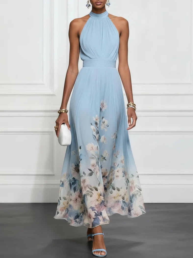 Rosalyn | Robe Maxi Chiffon Fleurie Bleue à Dos Nu