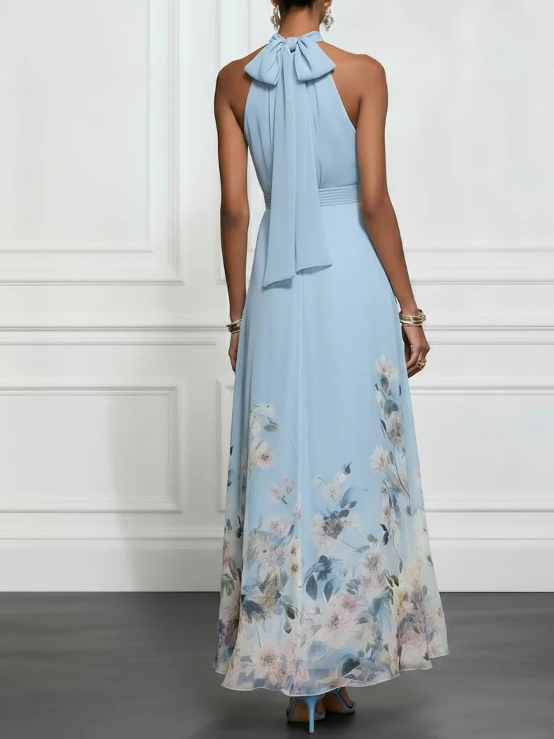 Rosalyn | Robe Maxi Chiffon Fleurie Bleue à Dos Nu