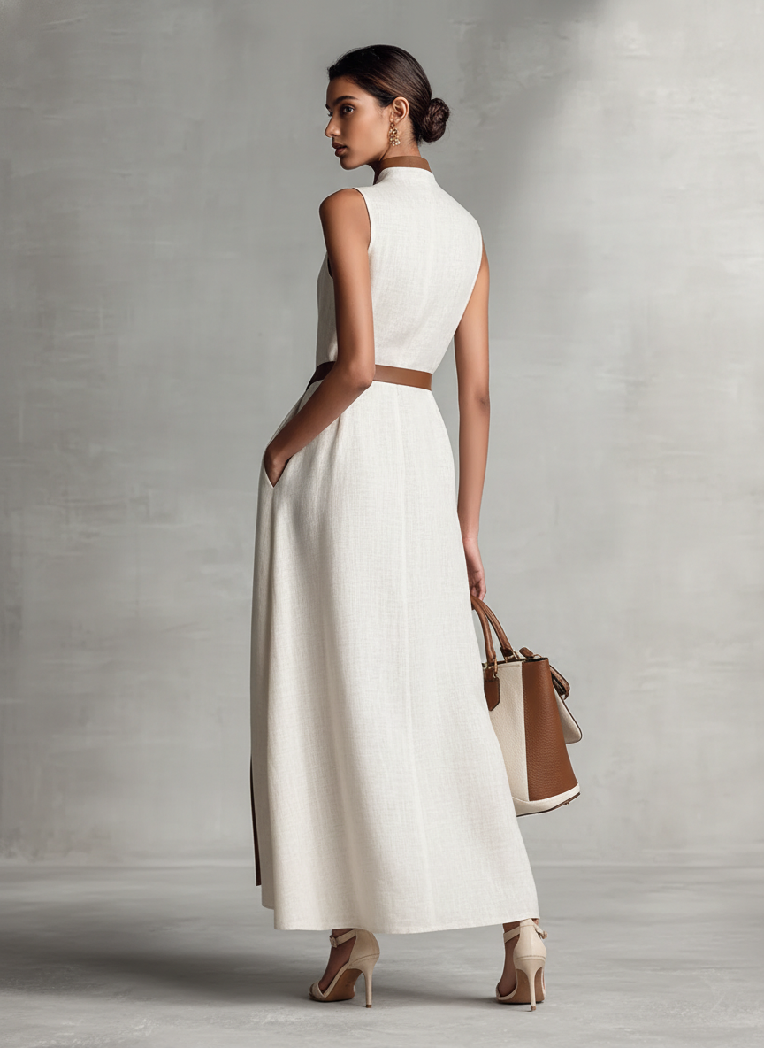 Robe Maxi Sans Manches avec Décolleté en V et Ceinture à Nouer pour Femmes